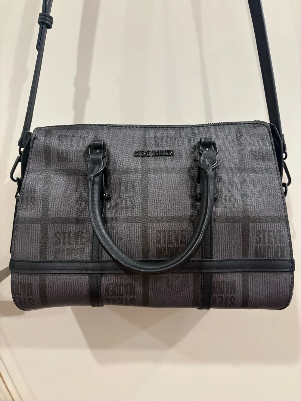 Steve Madden Black and Gray Logo Grid Satchel